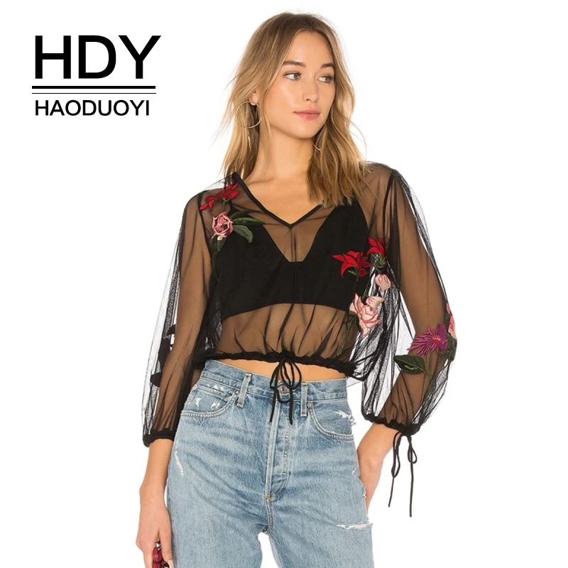 Женская сетчатая рубашка HDY Haoduoyi черная Повседневная Блузка с рукавом фонариком