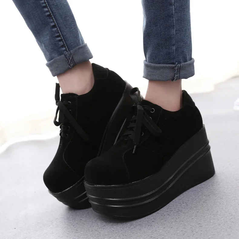Черный women platform sneakers suede spring new hick bottom all black round head high heel causal shoes zapatos de mujer - Цвет: Черный