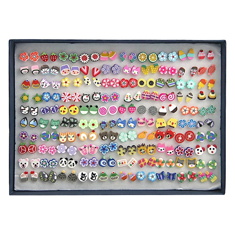 AE0020 100 Pair 100 пар/компл. случайный растения Фрукты серьги-гвоздики с животными для Для женщин девушки дети ювелирное изделие в виде милого медведя из полимерной глины серьги набор микс подарки - Окраска металла: AE0020 100 Pair