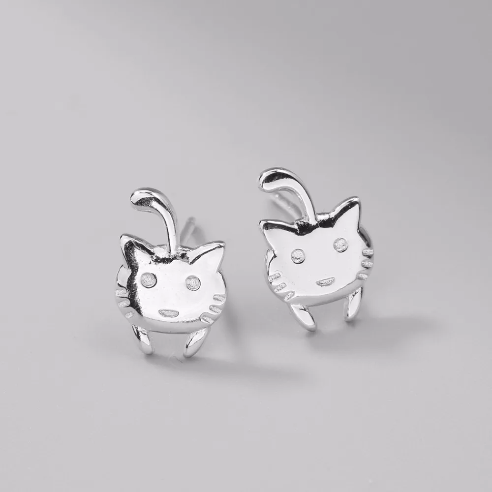 Kinitial Cute Cat Tail Gatos Studs Earrings 925 Sterling Silver Lovely Kitty Stud Earring Jewelry Women Child Best Gift | Украшения и