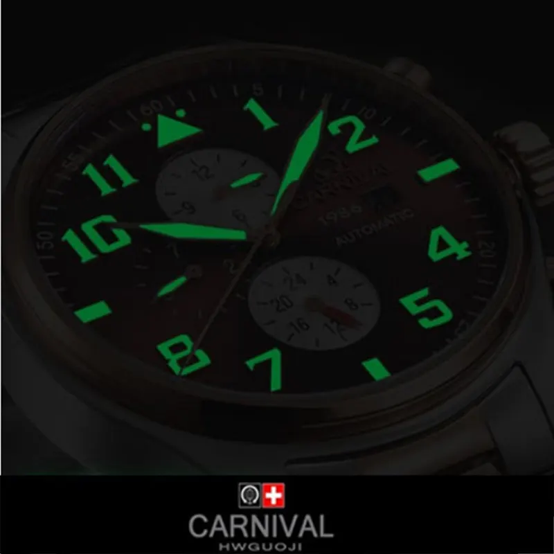Бренд карнавал механические часы Для мужчин Pilot'S военные двойной календарь