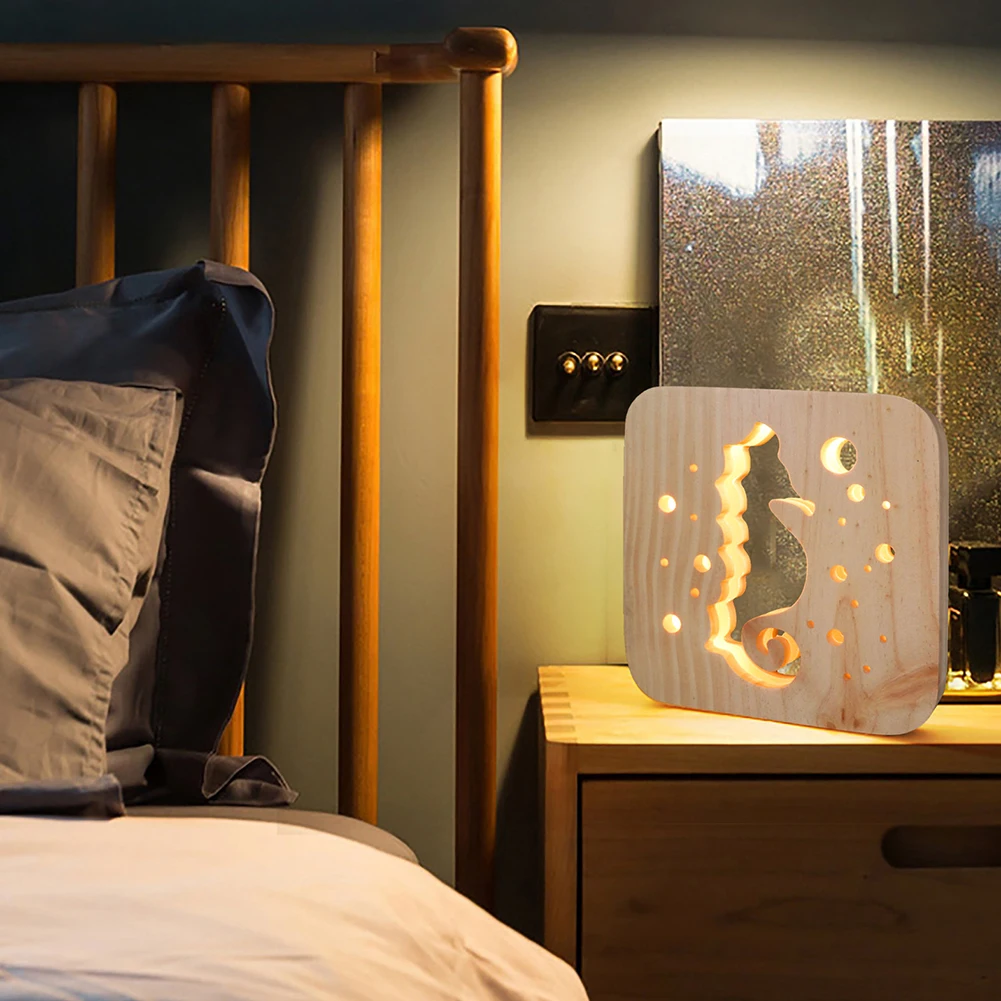 Деревянный Seahorse ночник USB LED Настольная лампа декоративное освещение подарочный