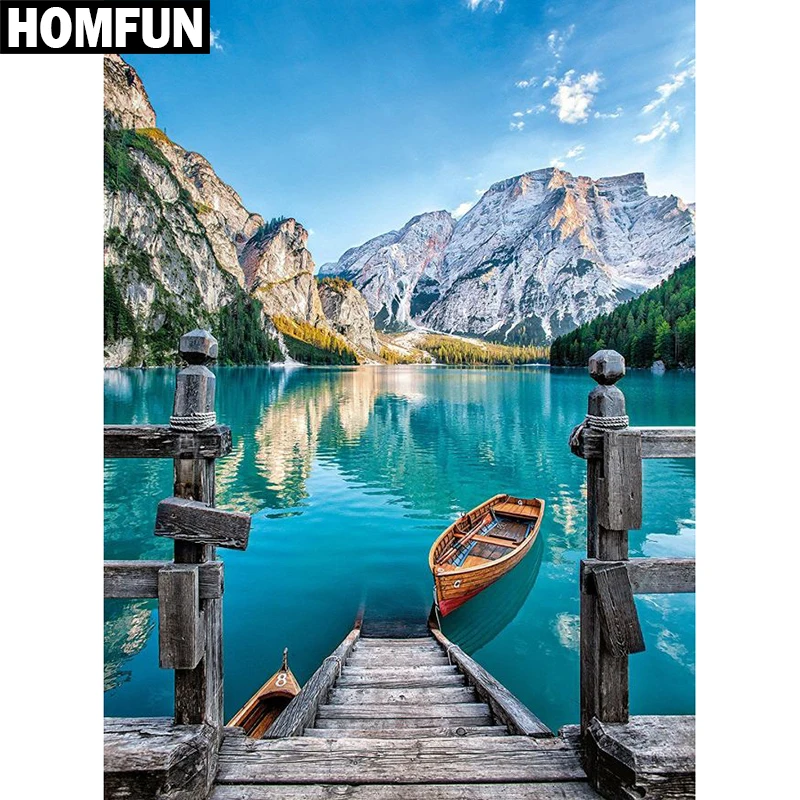 Алмазная живопись HOMFUN A04004 картина озеро лодка с полными квадратными/круглыми