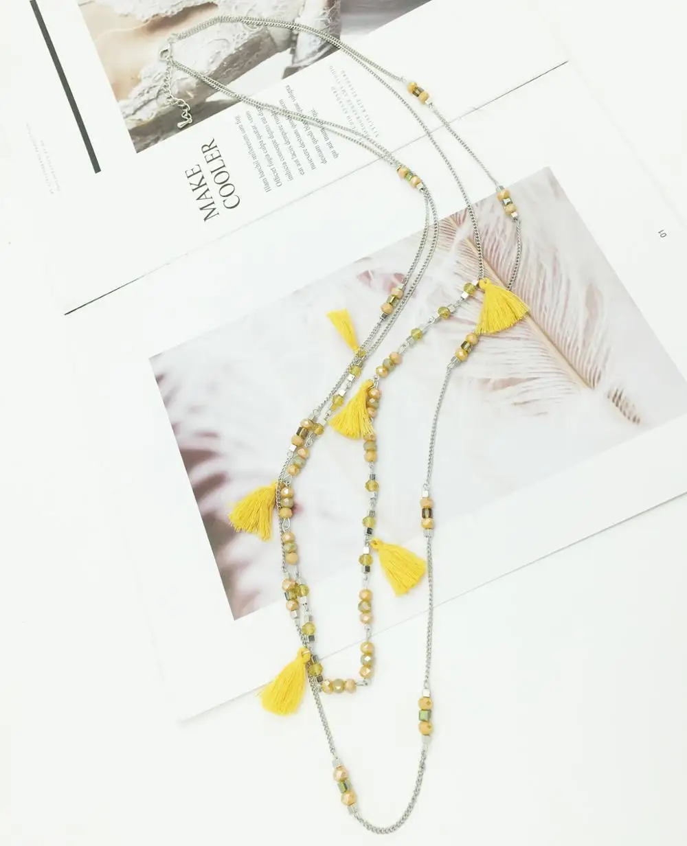BOHO Double Layer Crystal Beads Chain Necklace Hand Made Tassel Pendant For Women Summer Jewelry Accessories | Украшения и