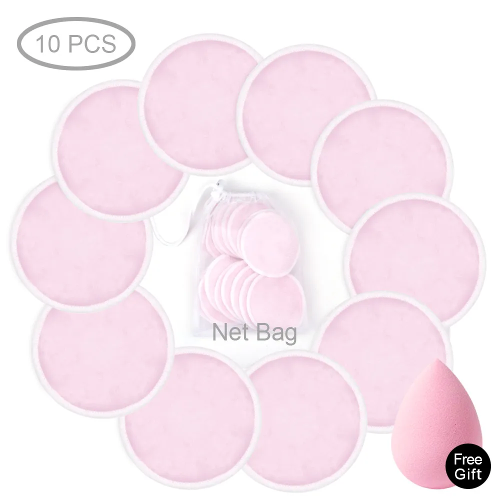 10pcs Pink with bag Многоразовые ватные диски для снятия макияжа 4/8/10/16 шт. моющиеся очищающий хлопок и микрофибра средство для снятия макияжа с мягкое бамбуковое хлопок для лица с мешок для стирки - Цвет: 10pcs Pink with bag