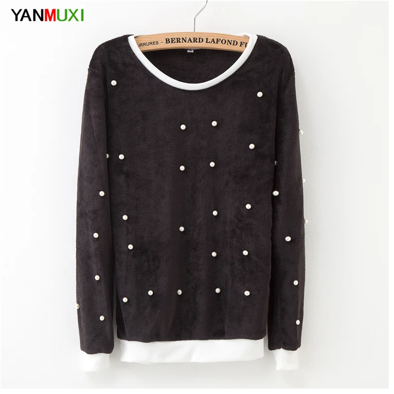 YANMUXI High Street осенне-зимняя повседневная толстовка с жемчужинами и бусинами, топы для женщин, модная Осенняя пуловерная толстовка с круглым вырезом и длинным рукавом
