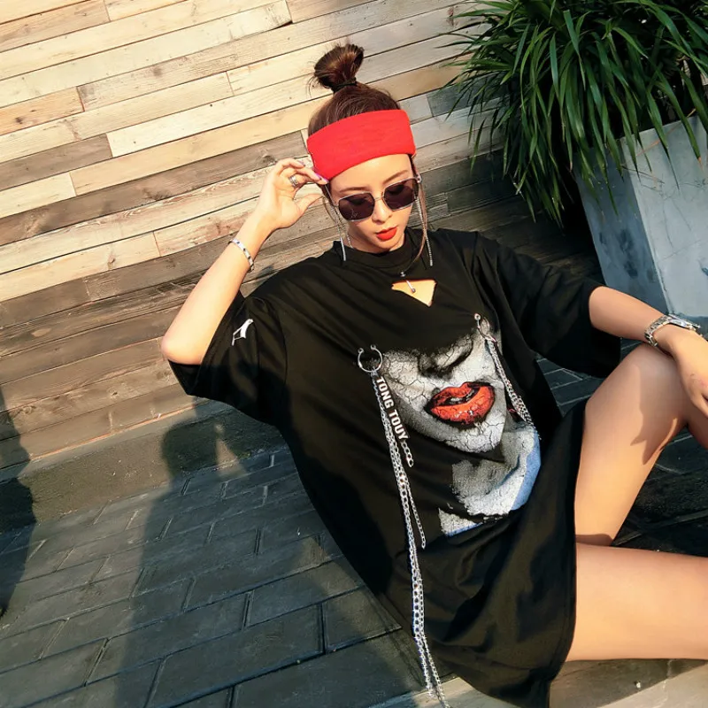 Vefadisa Chain Decoration Shirt for Women 2018 Casual Tops Character Print Summer T Short Sleeve Plus Size AD1903 | Женская одежда