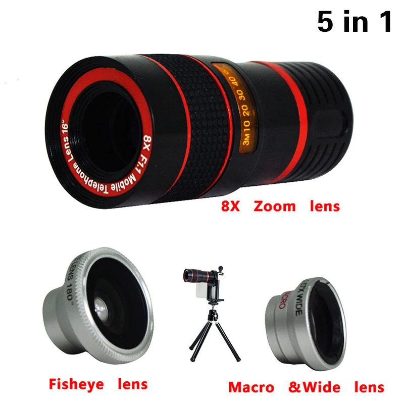 2017 5in1 Phone Camera Lens Kit 8x Telephoto Fisheye Wide Angle Macro Mini Tripod For iPhone 6 6s 7 8 Plus Smartphone|fisheye wide angle macro|camera