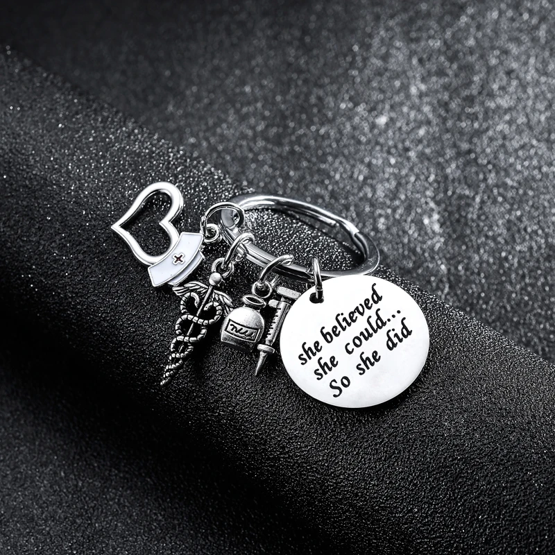 Inspirational Gift For Women Nurse Doctor Stainless Steel Charm Keychain Key Ring Caduceus Cap Jewelry Bag Wallet Chain | Украшения и