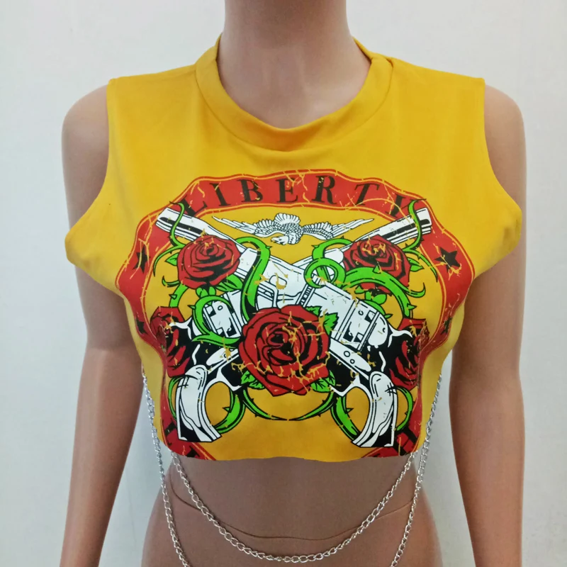 As picture CWLSP GUN N ROSES Модная Рок женская короткая майка, Повседневная футболка с круглым вырезом, Короткие топы с металлическими цепочками для женщин QA1925 - Цвет: As picture