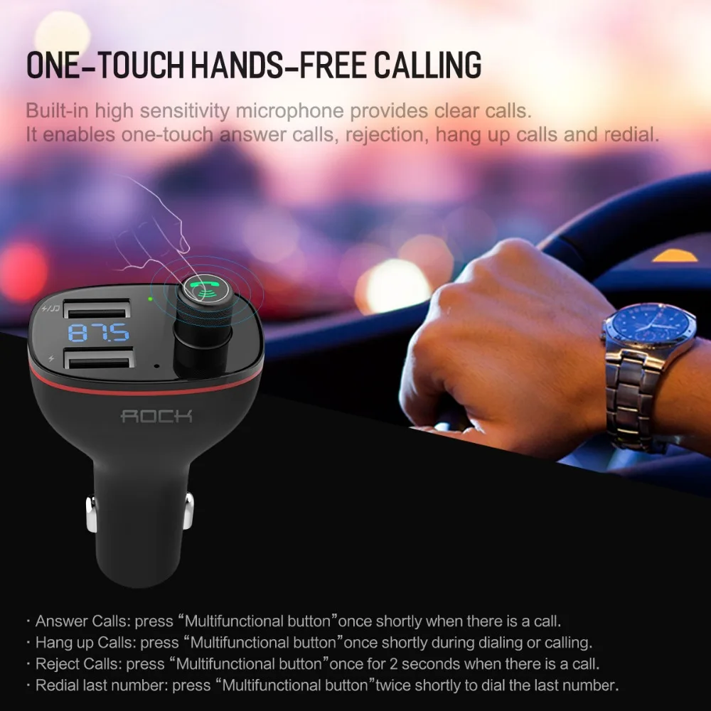 ROCK B300 Bluetooth fm-передатчик 4,2 USB Автомобильное зарядное устройство цифровой алюминиевый сплав Быстрая зарядка мониторинг для iPhone samsung