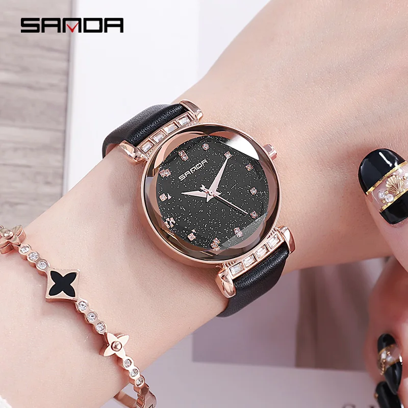 SANDA 2019 кожаные женские Часы Дамские Роскошные брендовые хрустальные наручные