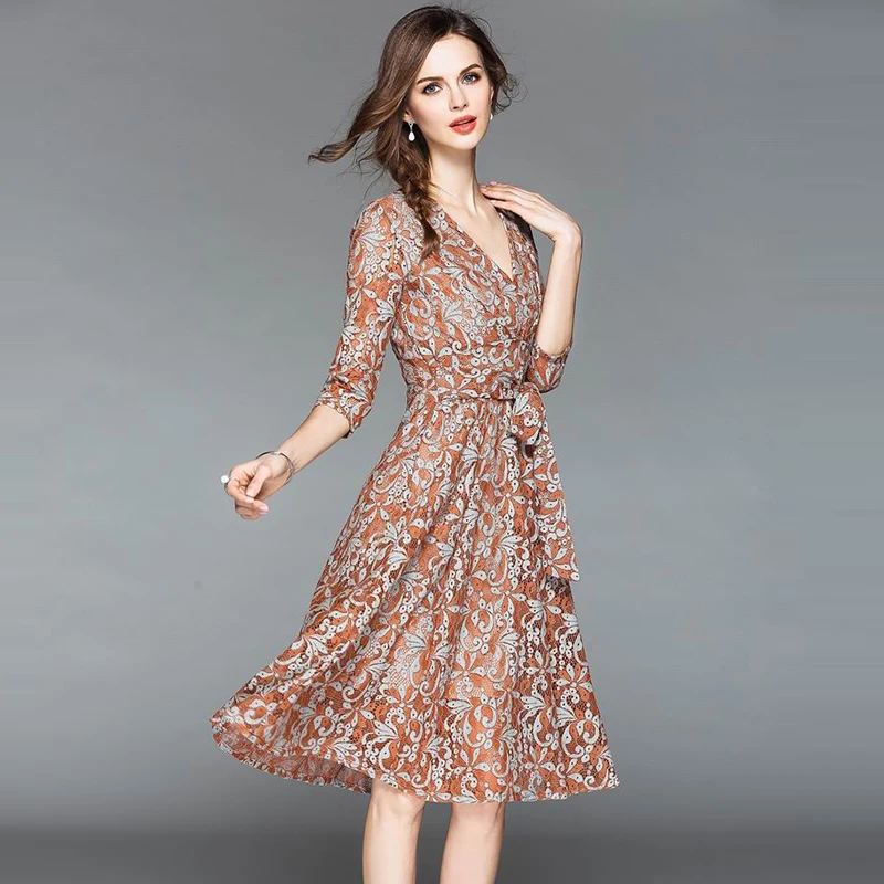 Hollow Out Long Summer Dress Women Waist Tie Mid Calf Lace Elegant 2018 Autumn V Neck Female Vestidos de fiesta | Женская одежда