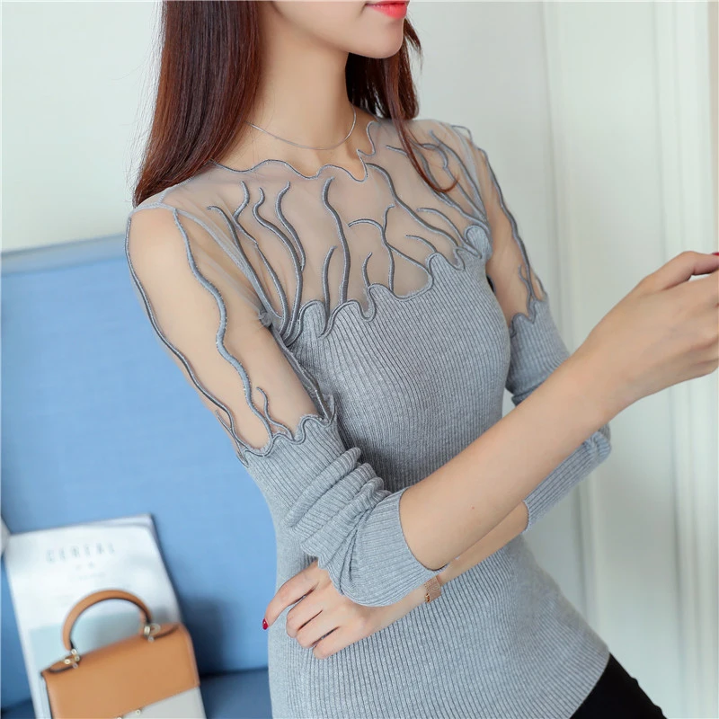 2019 Hitz head lace flounces Korean sweater slim female long sleeved shirt color | Женская одежда