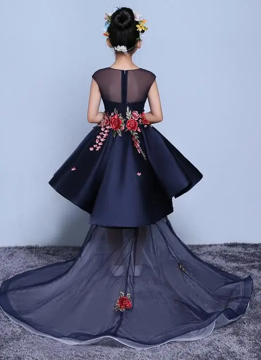 Baby girls elegant train lace dresses children satin pink purple red kids long tail evening gown party wedding christmas | Детская