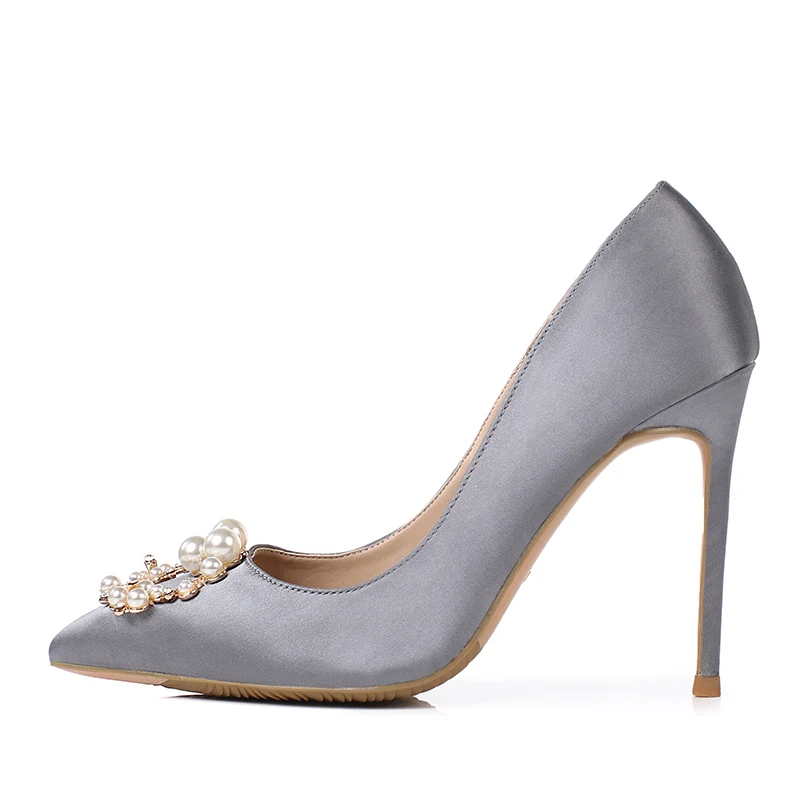 gray 10cm Carollabelly/шелковые женские туфли-лодочки; женские туфли на высоком каблуке с жемчугом и стразами; свадебные туфли; свадебные модельные туфли; цвет красный, белый; 8 см, 10 см - Цвет: gray 10cm