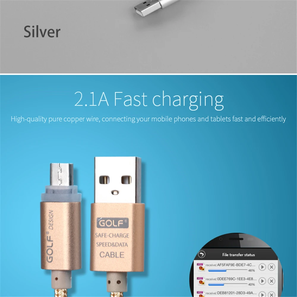 Golf 1 м металлический Плетеный умный светодиодный Micro USB кабель для синхронизации данных и быстрой зарядки для samsung S4 S6 S7 LG G3 G4 V10 Android кабели для зарядки