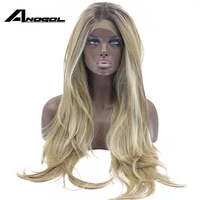 anogol synthetic 32inch 150 density brown ombre blonde t part lace wig high temperature fiber natural wave long for black women