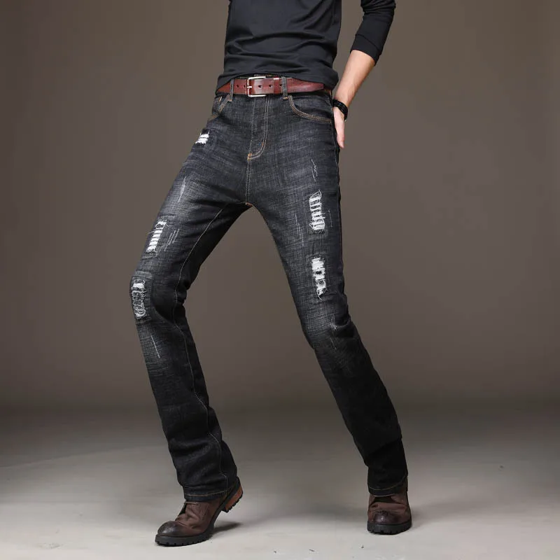 Мужские джинсы bootcut синие расклешенные рваные джинсы для мужчин тонкие Стрейчевые расклешенные джинсы
