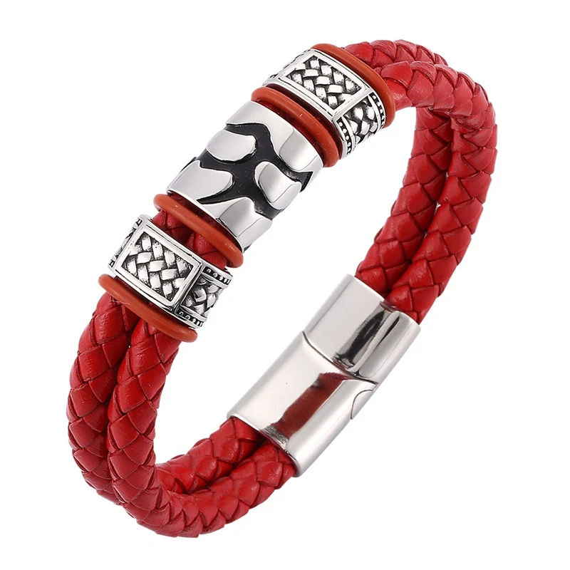 

Special Men's Accessories Red Braided Leather Bracelet Men Jewelry Trendy Stainless Steel Party Wristband Magnetic Clasps SP0101