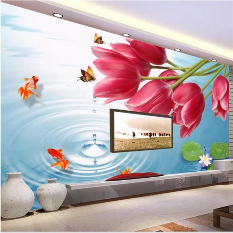 

beibehang Custom wallpaper large upscale romantic tulip drops water drops 3D mural background decorative painting living room