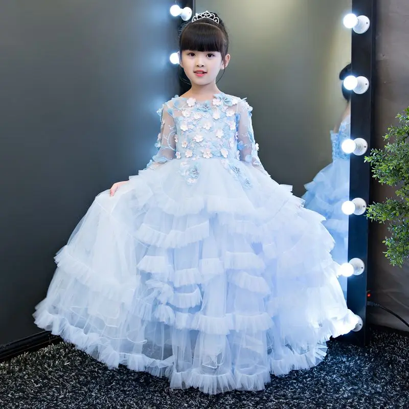 Платья с цветочным узором для девочек, Vestidos для свадьбы, бальное платье, платье феи для девочек, детское праздничное платье принцессы для 2, 3, 7, 8, 9, 11, 12, 13 лет - Цвет: Синий