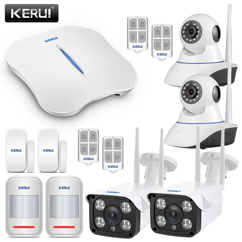 KERUI Wi-Fi сигнализация системы безопасности домашняя охранная сигнализация беспроводная домашняя сигнализация с 2ps Крытая wifi камера+ 2ps уличная камера