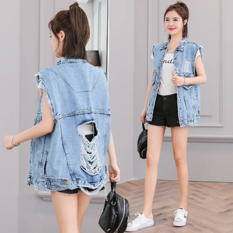 

Rlyaeiz Spring Denim Women's Vest 2019 Summer Fashion Casual Loose Hole Cowboy Vests Frayed Sleeveless Jeans Jackets Waistcoat