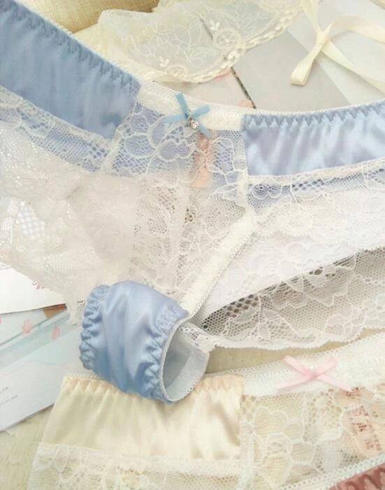 Blule Новое поступление реальные фотографии M L XL Милая Лолита Kawaii Сексуальная атласная Женская пижама с кружевом трусики Нижнее белье Короткие стринги Нижнее белье WP564 - Цвет: Blule