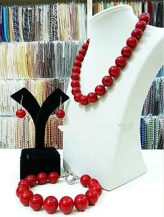 

Hot sell Noble- NEW Real natural 12MM red shell necklace 18 "bracelet 7.5" earrings