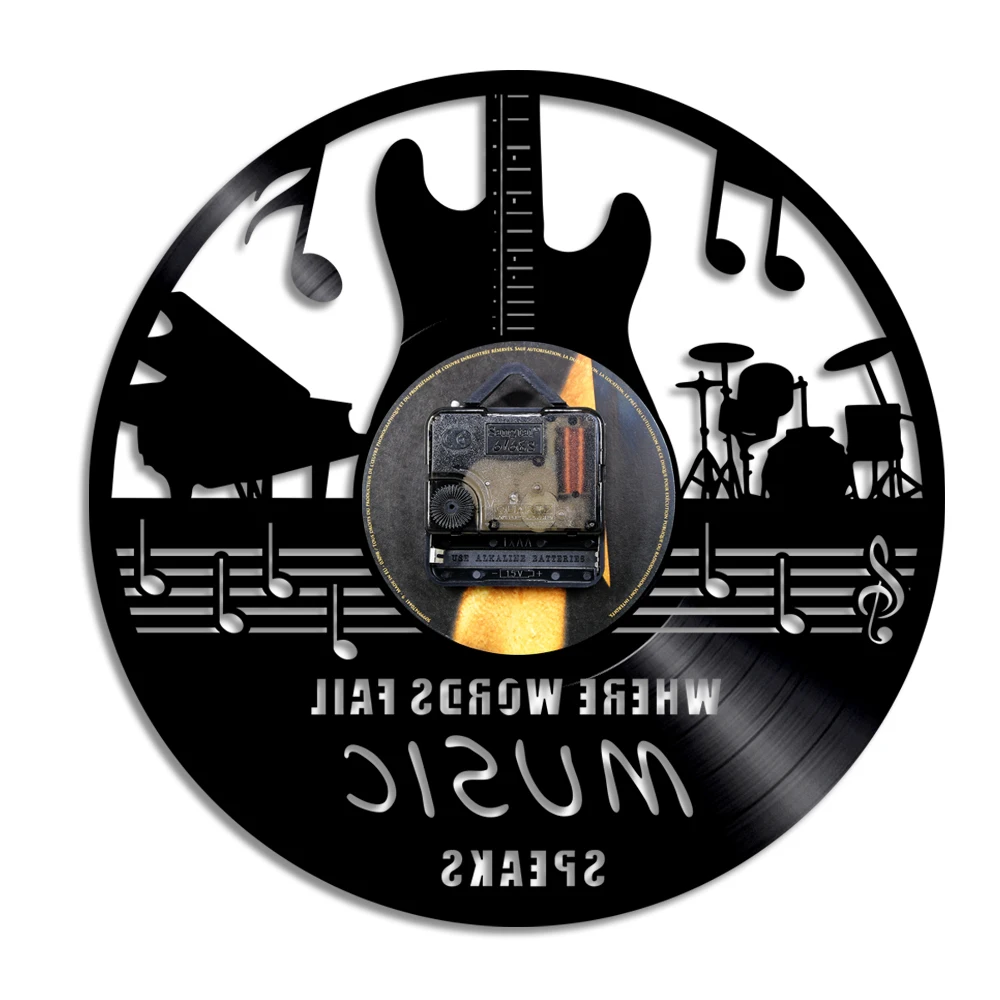 Where Words Fail Music Speaks Quote Wall Art Vinyl Record Clock Guitar Decorative Rock n Roll Gift | Дом и сад
