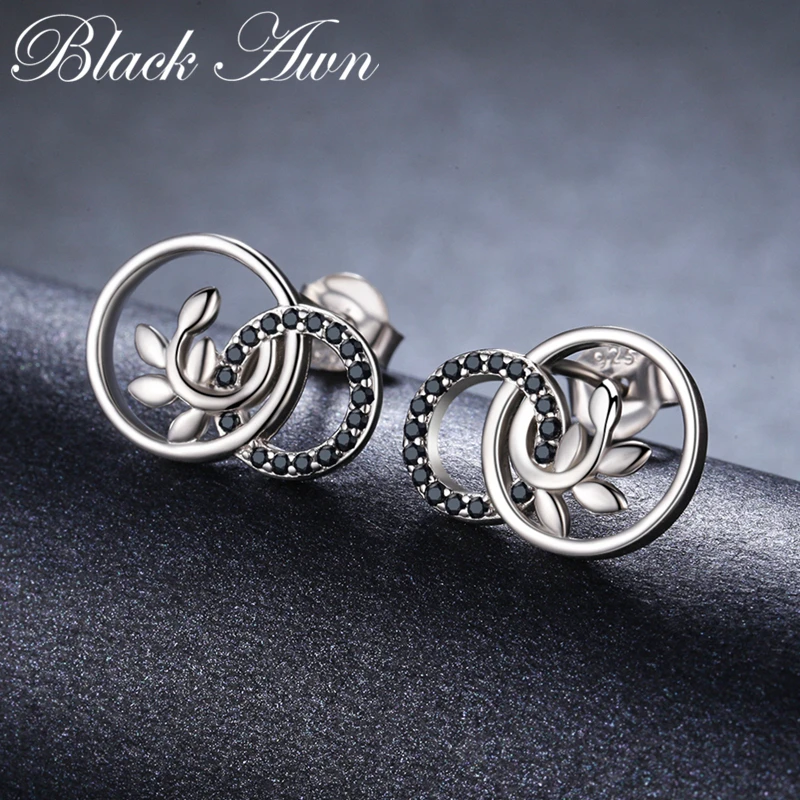 Black Awn Новые Классические 925 пробы серебряные натуральные черные шпинели круглые свадебные серьги-гвоздики для женщин, хорошее ювелирное изделие II090