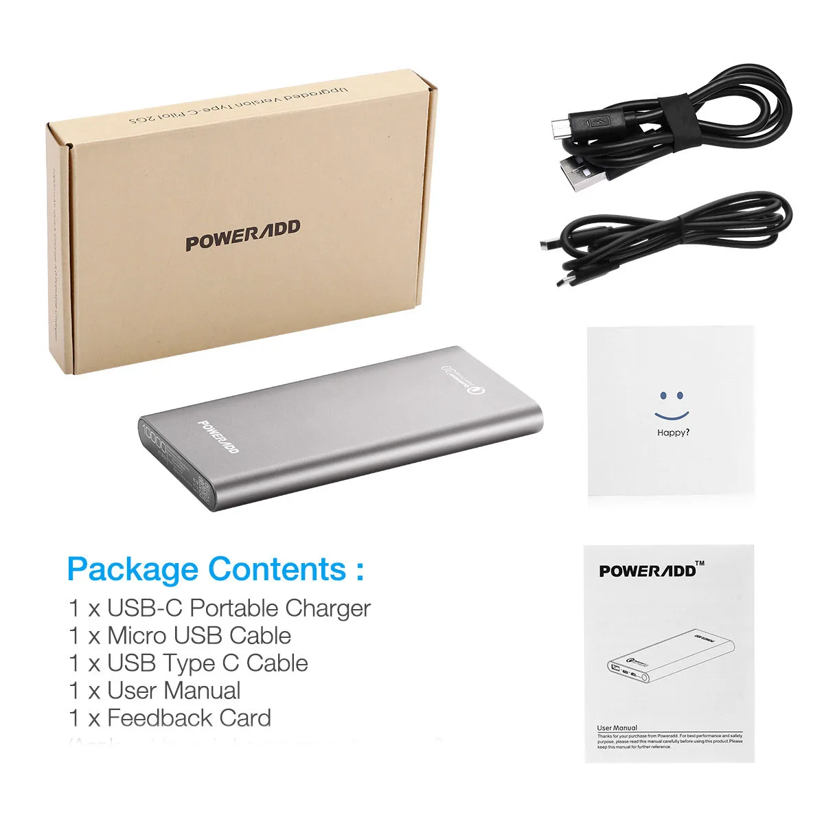 

Poweradd 10000mAh Power Bank Quick Charge Smartphone Portable Charger With USB-C External Batteries Cable