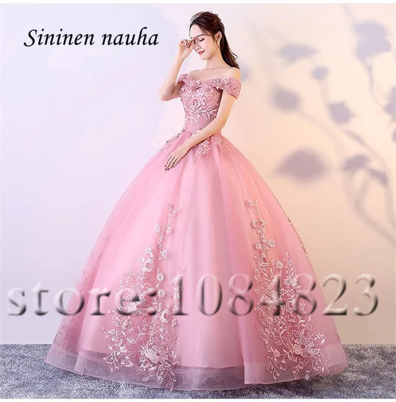 Розовые бальные платья Quinceanera с рукавами и открытыми плечами аппликацией Vestidos De 15