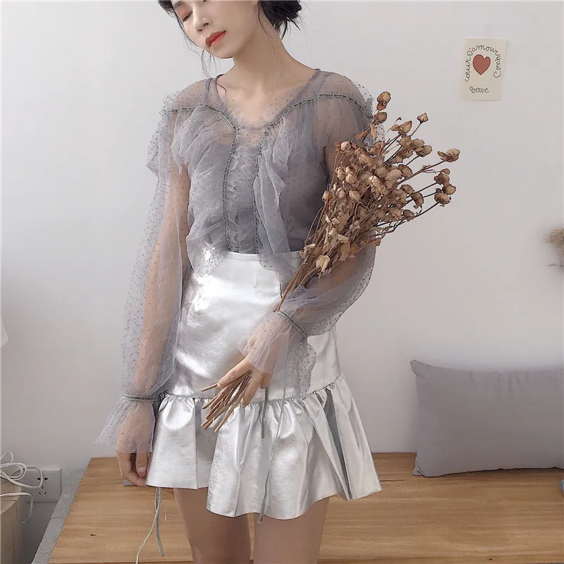 Lychee девушки оборками серебряный цвет Женская мини-юбка высокая талия короткая