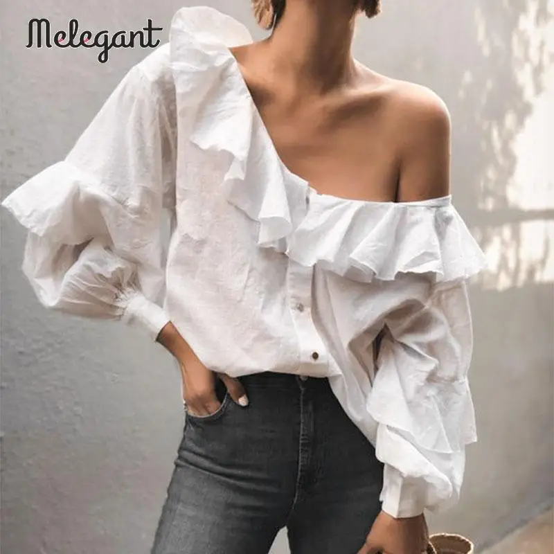 Melegant Solid Elegant White Women Blouse Shirt Sexy One Shoulder Blouses Tops Lantern Sleeve |