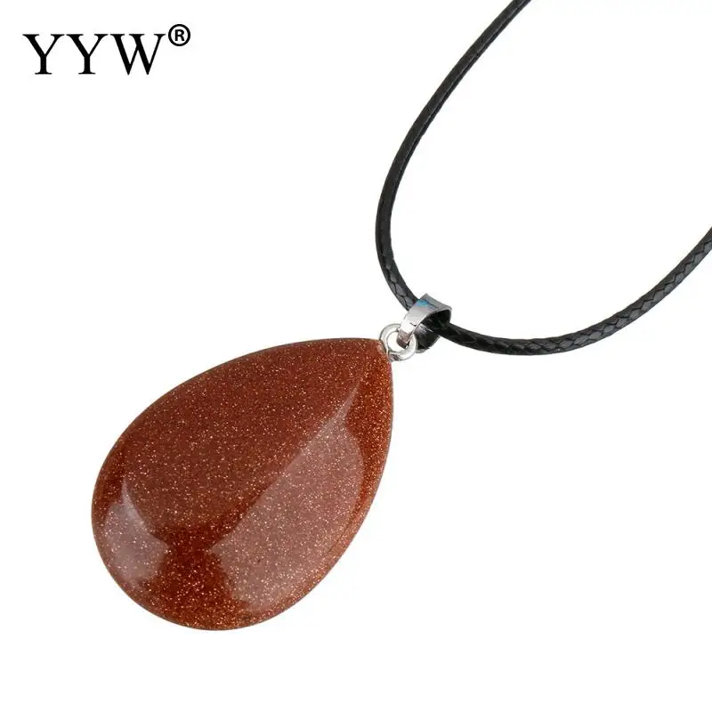 goldstone Лидер продаж YYW женский натуральный драгоценный камень КАПЛЕВИДНАЯ кожа веревочное ожерелье-чокер Малахит кварц опал розовый камень кулон ожерелье s - Окраска металла: goldstone
