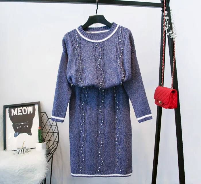 purple blue ALPHALMODA,, Conjunto Feminino, тяжелая работа, кристалл, роскошные костюмы, женский элегантный свитер, юбка, наборы,, женские костюмы - Цвет: purple blue