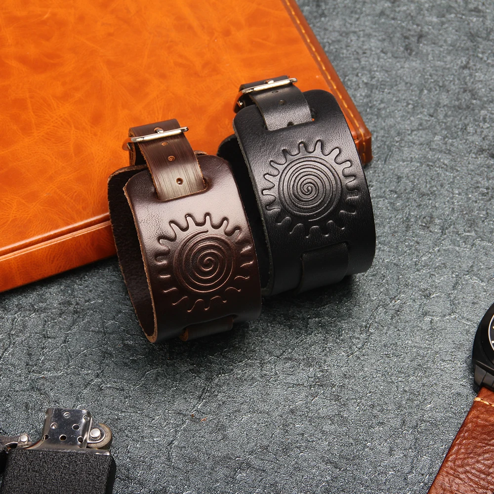 LIKA Punk Genuine Leather Bracelet Men Vintage Wide Cuff Bangles Adjustable Buckle Wristband Male Jewelry Black &amp Brown | Украшения и