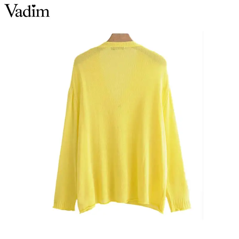 Vadim women yellow oversized knitted cardigans pockets see through long sleeve buttons sweaters ladies basic loose tops HA039 |