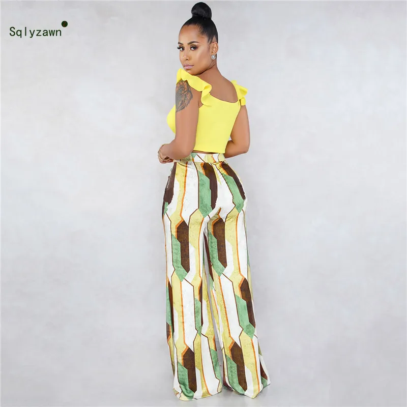 Women 2 Piece Outfits V Neck Ruffle Sleeve Crop Top with Printed Long Palazzo Pants Sets Streetwear Wide Leg Beach Clothes | Женская