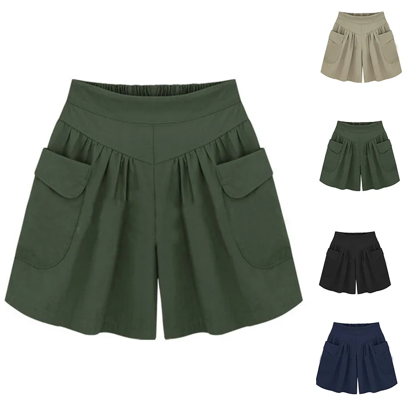 Casual High Waisted Shorts Pockets Summer Elastic Waist Army Green Bottoms Black Plus Size Slim Loose Ladies Feminino | Женская одежда