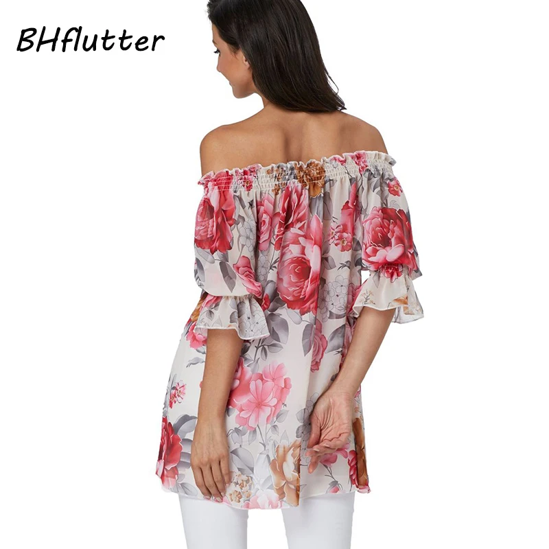 BHflutter сексуальный топ с открытыми плечами женская мода короткий рукав цветочный