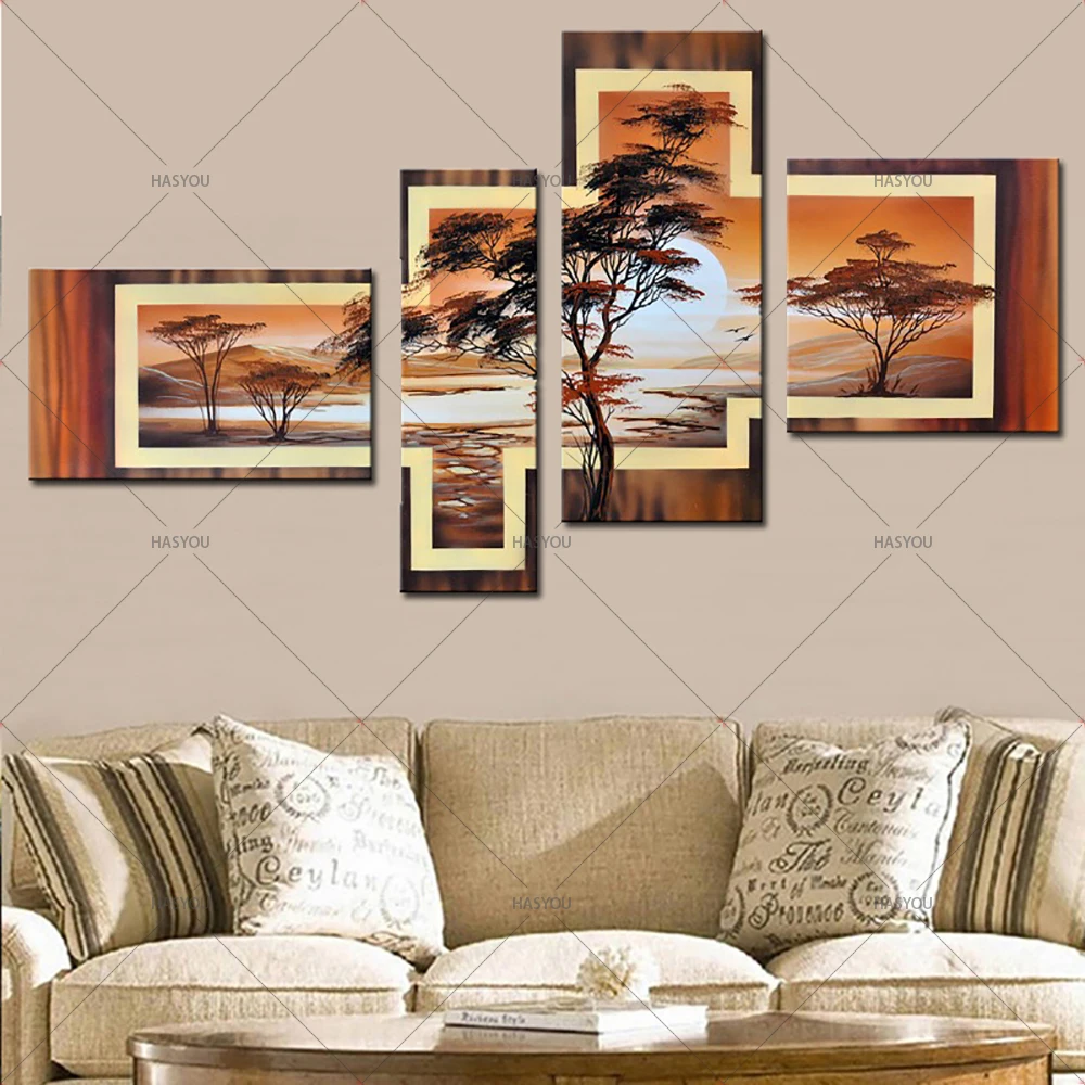 Абстрактная масляная живопись с деревом пейзаж 4 шт.|4 piece canvas art|canvas artoil painting |