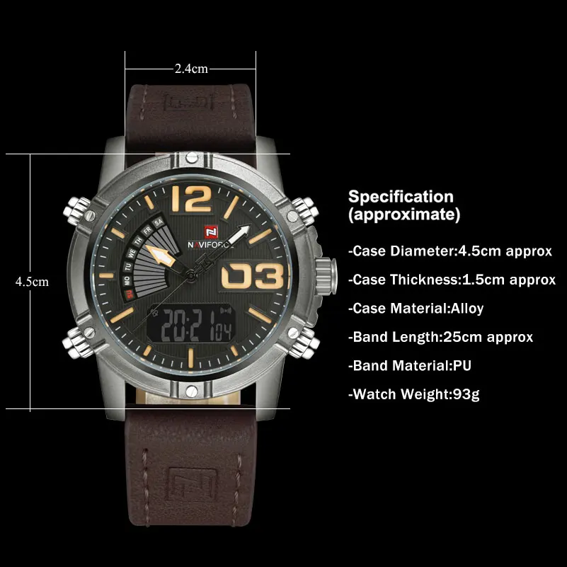 Мужские спортивные часы NAVIFORCE брендовые кожаный кварцевые светодиодный цифровые