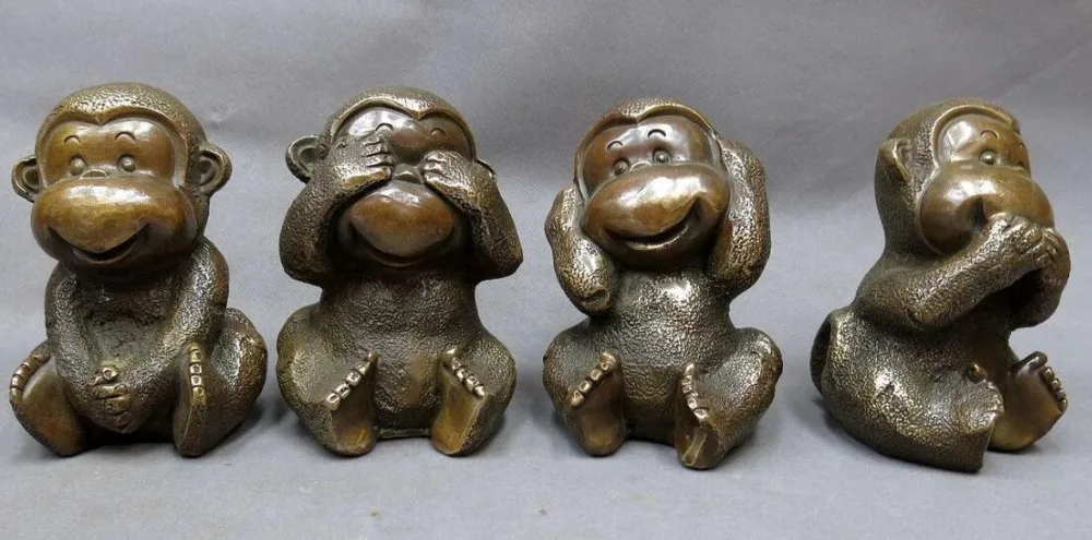 Китайская латунная скульптура резная медная статуя счастливая четыре обезьяны