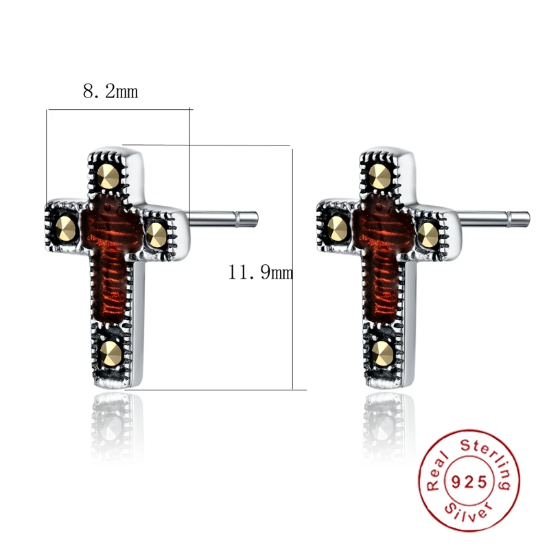 

Luxury Rose Gold Red Square Stud Earrings Original 925 Sterling Thailand Silver With Zircon Crystal Women Engagement Jewelry