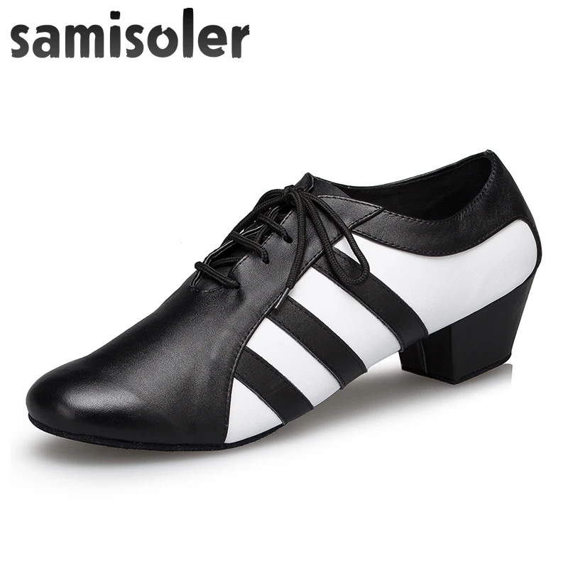 Samisoler Black White Men's Black leather ballroom dance shoes Flats Modern dance shoes Tango Party Wedding Square dance shoes