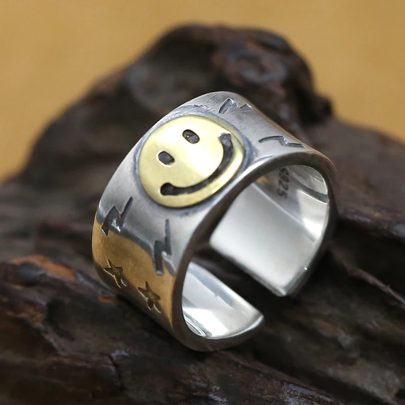 Мужские массивные серебряные кольца Smile Face из стерлингового серебра 925 пробы с