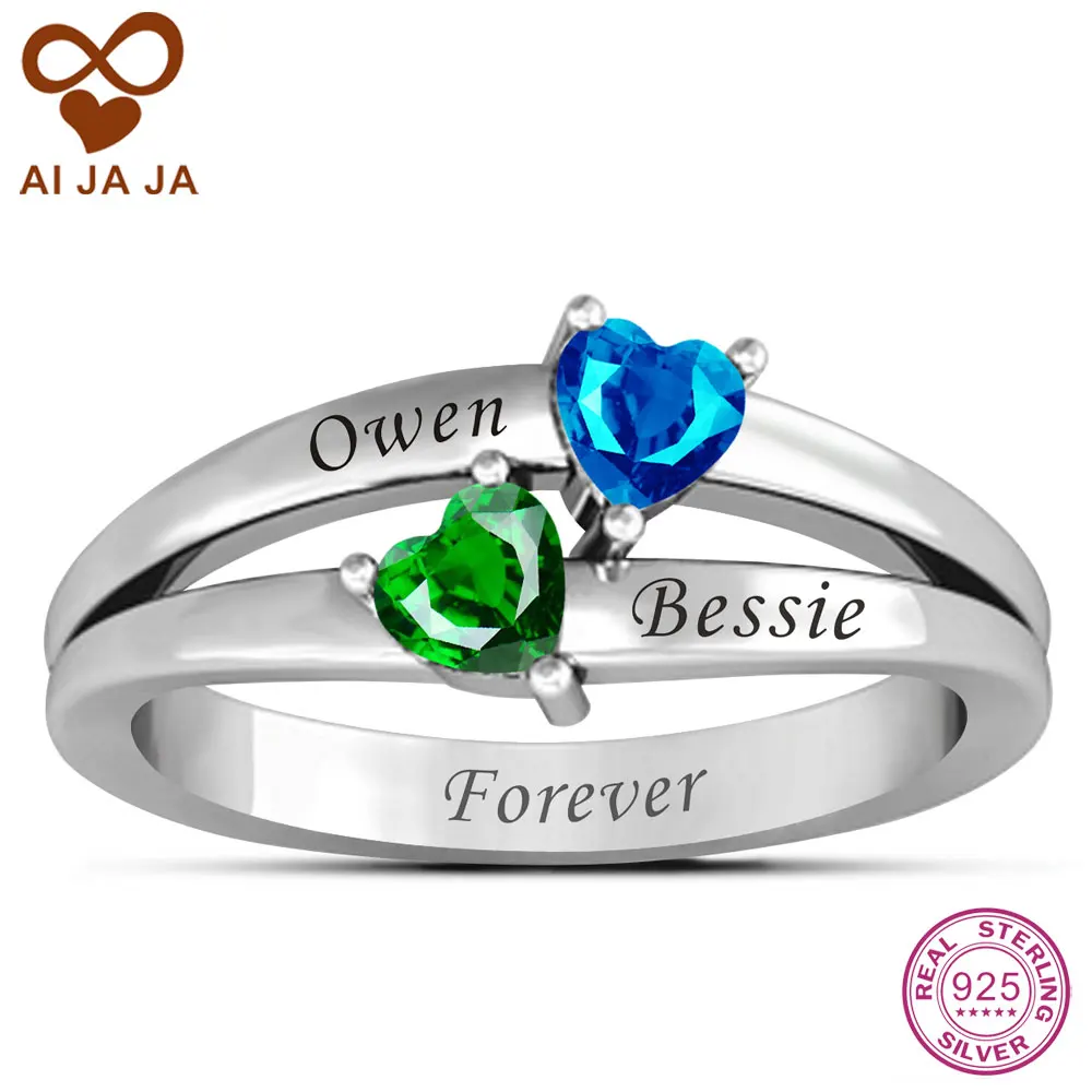 

Pure 925 Sterling Silver Personalized Name Rings Customized Couple Name Engraved & Double Heart Birthstones Rings For Girlfriend